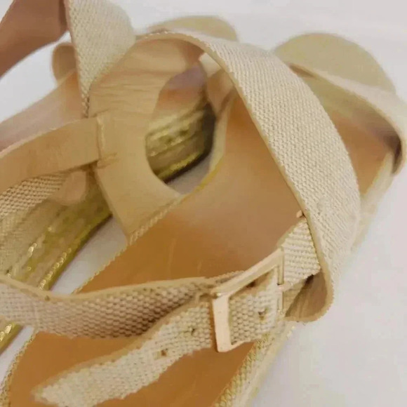 Bamboo Platform Espadrille Sandals Cream and Gold Canvas Woven Size 10 - Picture 6 of 10
